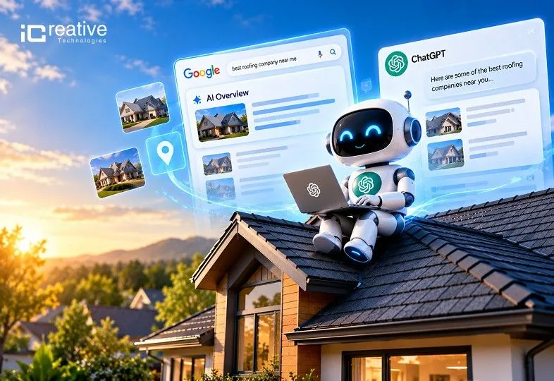 AI Overviews and ChatGPT influencing roofing SEO with a roofing company website and AI assistant